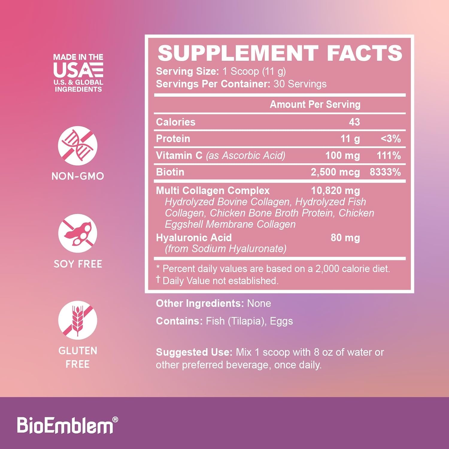 Bioemblem Beauty Collagen - 11G Hydrolyzed Multi-Collagen Peptides, Hyaluronic Acid, Vitamin C & Biotin - Bovine, Fish & Eggshell Membrane Collagen - Skin, Hair, Nail, & Joint Health - 30 Servings : Health & Household