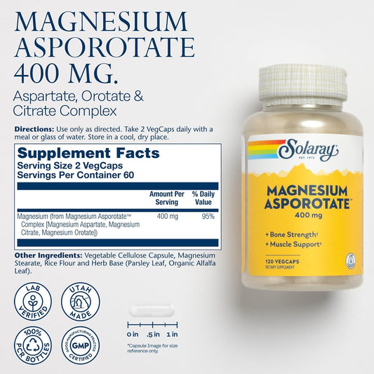 Solaray Magnesium Asporotate 400 Mg, Aspartate, Orotate & Citrate Complex, Healthy Heart, Muscle, Nerve & Circulatory Function Support 180Ct (60 Servings, 120 Vegcaps)