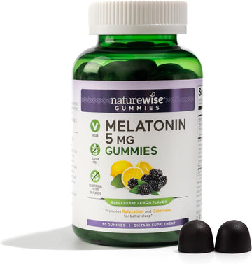 Naturewise Melatonin 5Mg + Sleep Blend Blackberry-Lemon Gummies With Chamomile, Valerian Root, Passion Flower, And Vegan Ashwagandha For Sleep And Stress Support 90 Gummies