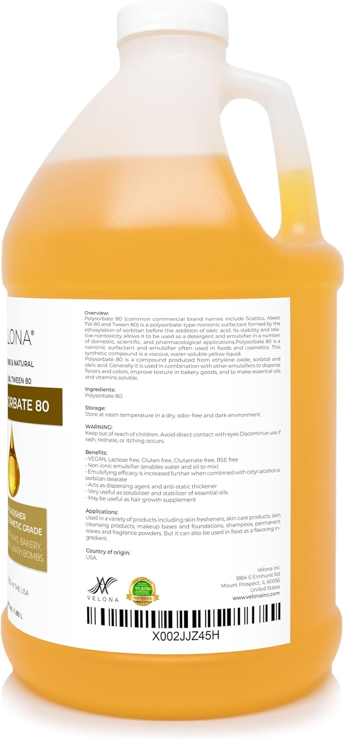 Polysorbate 80 by velona - 64 oz | Solubilizer, Food & Cosmetic Grade | All Natural for Cooking, Skin Care and Bath Bombs, Sprays, Foam Maker | Use Today - Enjoy Results : Beauty & Personal Care