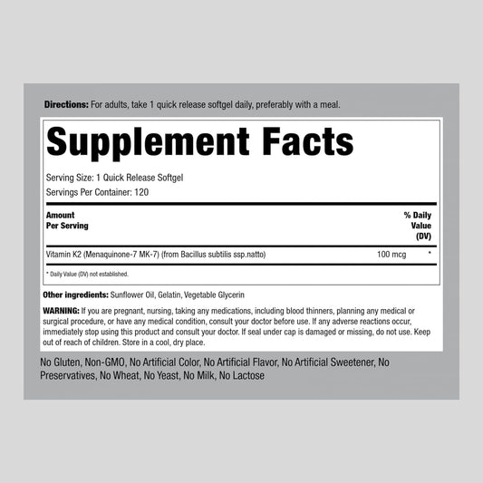 Piping Rock Vitamin K2 Mk-7 | 100 Mcg | 120 Softgels | Non-Gmo, Gluten Free Supplement