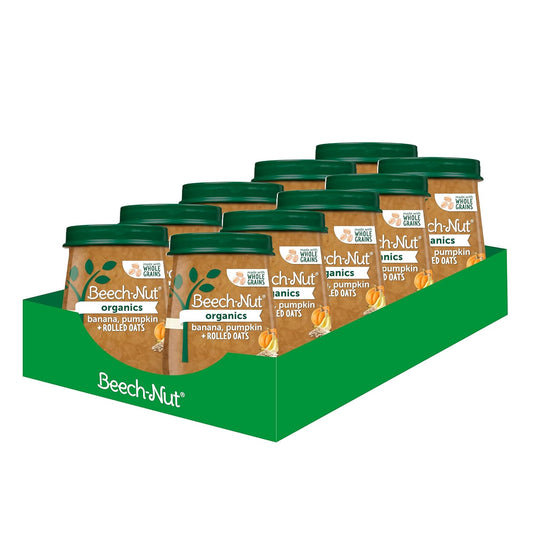 Beech-Nut Organic Baby Food Jars, Organic Banana Pumpkin & Rolled Oats Puree, Stage 3 Baby Food For Babies 8 Months And Up, Non-Gmo, 4Oz Glass Jars, 10Ct