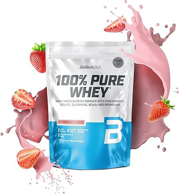 Biotechusa 100% Pure Whey | Protein Powder With Bcaa And Glutamine | Gluten-Free, Palm Oil Free | 21G Protein Per Serving, 454 G, Strawberry