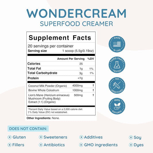 Wondercow Bovine Colostrum Superfood Creamer Supplement Powder W/Organic Lions Mane Mushroom & Coconut Milk Powder Mcts | Functional Sugar Free Keto Coffee, Smoothie & Drink Mix Unsweetened