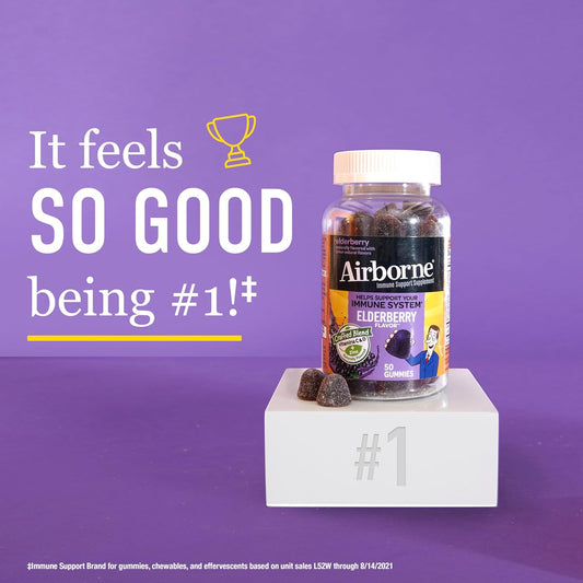 Airborne Elderberry + Zinc & Vitamin C Gummies For Adults, Immune Support Vitamin D & Zinc Gummies With Powerful Antioxidant Vitamins C D & E - 60 Gummies, Elderberry Flavor