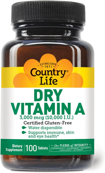 Country Life Dry Vitamin A, Supports Immune, Skin & Eye Health, 10,000 Iu, 100 Tablets, Certified Gluten Free, Certified Vegan, Certified Halal