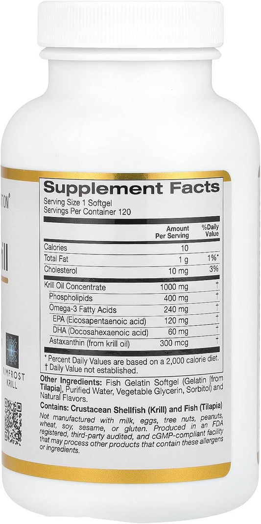 California Gold Nutrition Antarctic Krill Oil, Omega-3 Phospholipids With Naturally Occurring Astaxanthin, Natural Strawberry & Lemon Flavor, Non Gmo, 1,000 Mg, 120 Fish Gelatin Softgels, 2 Pack