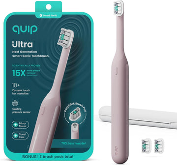 Quip Ultra Next Generation Smart Toothbrush - Timed Electric Toothbrush With Case - Replaceable Brush Head, Soft Bristles, Silicone Handle, 30-Day Battery Life - Travel - Stone