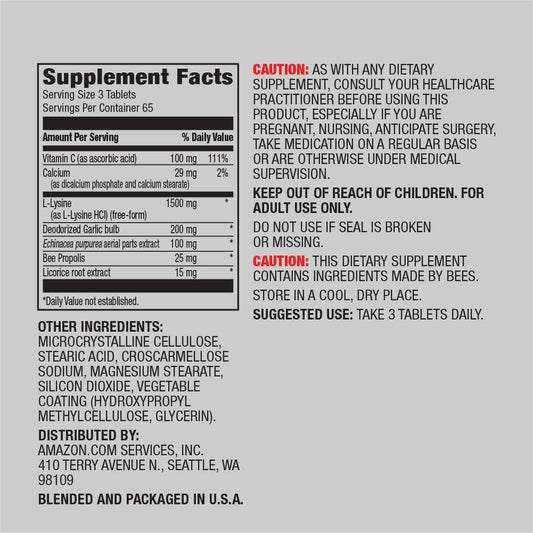 Amazon Elements Lysine Complex With Vitamin C (1500 Mg L-Lysine With 100 Mg Vitamin C Per Serving - 3 Tablets), Supports Immune Health, Vegetarian, 195 Count (Packaging May Vary)