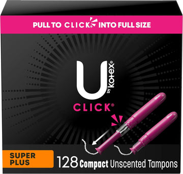 U By Kotex Click Compact Tampons, Super Plus Absorbency, Unscented, 128 Count (8 Packs Of 16) (Packaging May Vary)