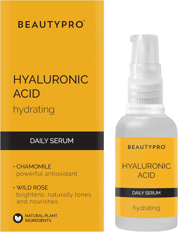 Beautypro Hyaluronic Acid Serum Daily Face Cream Anti-Ageing Hydrating Antioxidant Anti-Inflammatory Natural Vegan Skincare 100% Plant Based Soybean & Chamomile Multi Award Winning Brand 30Ml