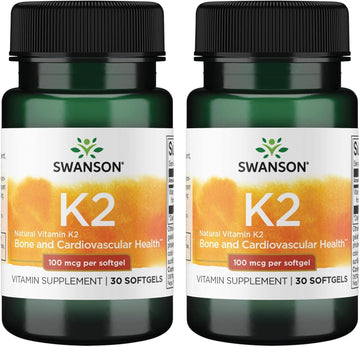 Swanson Vitamin K2 (Menaquinone-7) - Vitamin Supplement Supporting Cardiovascular And Bone Health - Made From Japanese Natto To Help Regulate Calcium - (30 Softgels, 100Mcg Each) 2 Pack