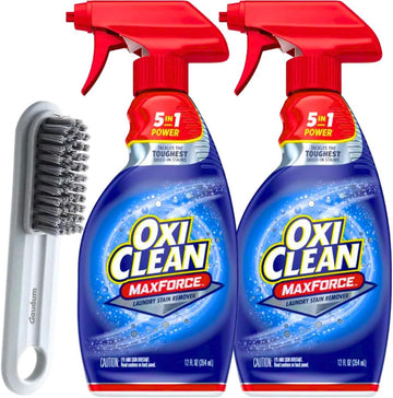 Oxiclean Stain Remover Max Force - 12 Fl Oz (Pack Of 2) - Laundry Stain Remover Spray, Spray And Wash Stain Remover Laundry + 1 Gaudum Laundry Stain Brush