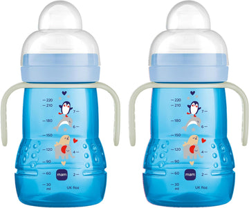 Mam Trainer Sippy Cup For Toddlers 1-3, 8 Oz. Transition Drinking Cup With Extra-Soft Spout, Spill-Free Nipple, And Non-Slip Handles, For Boys 4+ Months, 2 Count