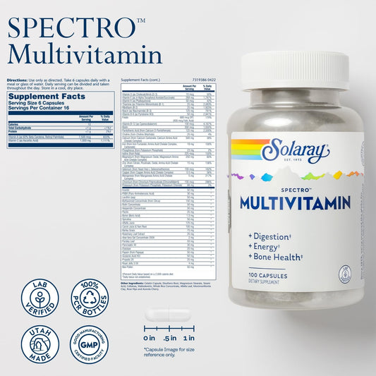 Solaray Spectro Multivitamin With Iron - Multi Vitamin With Calcium, Magnesium, Energizing Greens, Herbs & Digestive Enzymes - Digestion, Energy, And Bone Health Support - 16 Servings, 100 Capsules