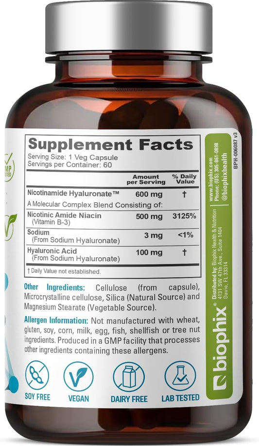 Nicotinamide Hyaluronate 600 Mg 60 Vcaps - Natural Flush-Free | Gluten-Free Nicotinic Amide Niacin | Hyaluronic Acid | Supports Skin Health | Healthy Cell Repair Support