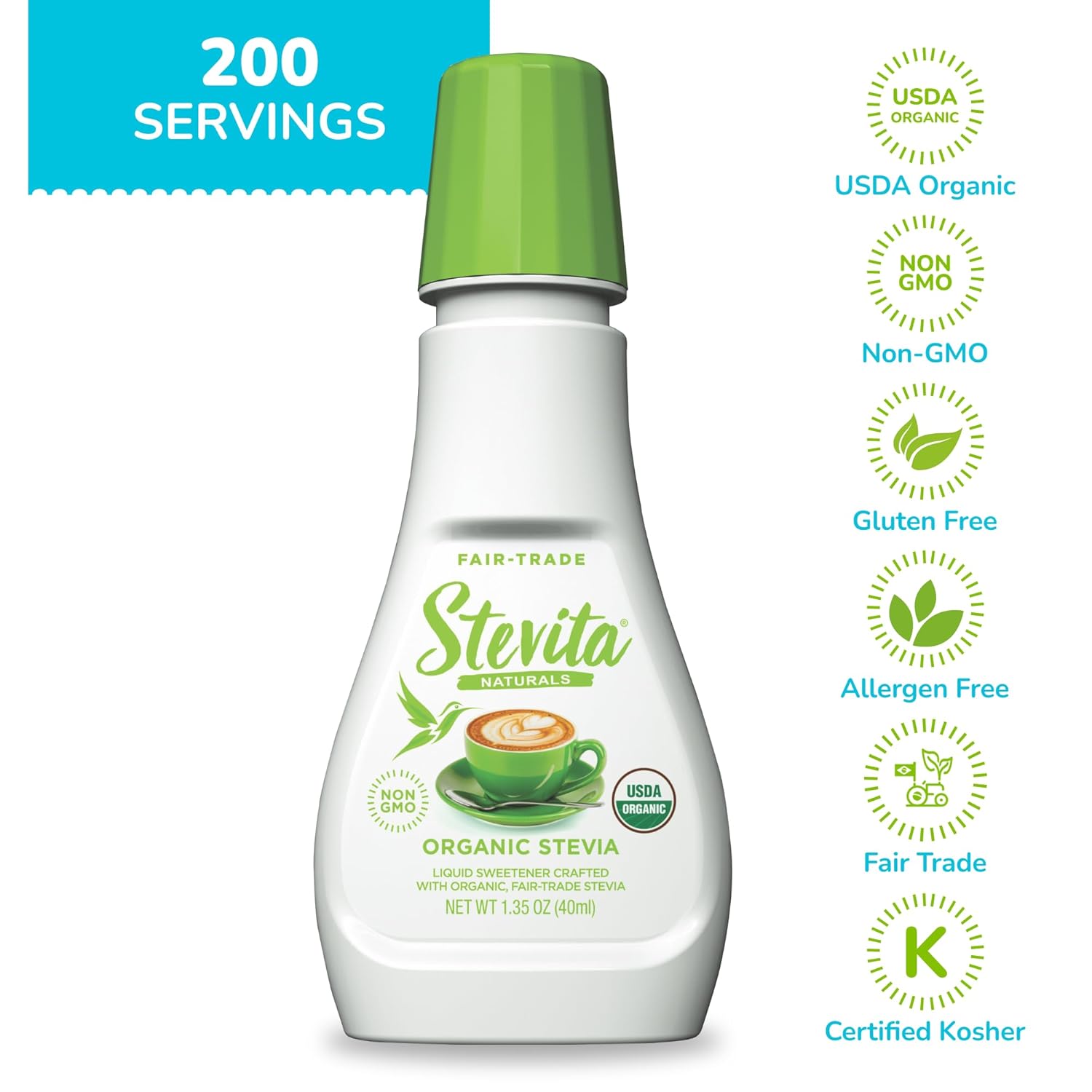 Stevita Organic Liquid Stevia - 1.35 Oz - All-Natural Sweetener, Zero Calories - Usda Organic, Non-Gmo, Vegan, Kosher, Keto, Paleo, Gluten Free - 200 Servings