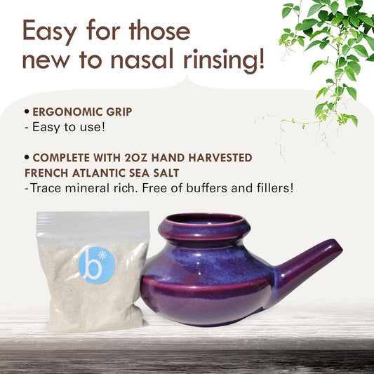 Neti Pot Tool Kit - Snoring & Saline Solution, Handcrafted Ceramic Dishwasher Safe With 2Oz Mineral Sea Salt For Nose Cleaning & Sinus Rinse Perfect For Allergy Relief In Adults & Kids (Purple)