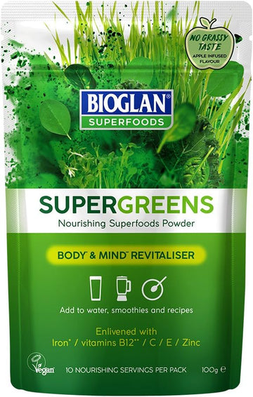 Bioglan Superfoods Supergreens | Vitamin B12 | Vitamin C & E | Zinc | Iron | 70G
