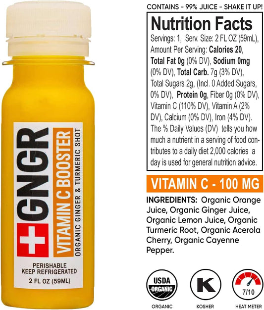 +Gngr Vitamin C Immunity Booster Organic Ginger Wellness Shots - Premium Ginger Shots For All Natural Immune Support - Cold Pressed Peruvian Ginger Juice With Turmeric And Acerola Cherry, Usda (2 Oz, Pack Of 12)