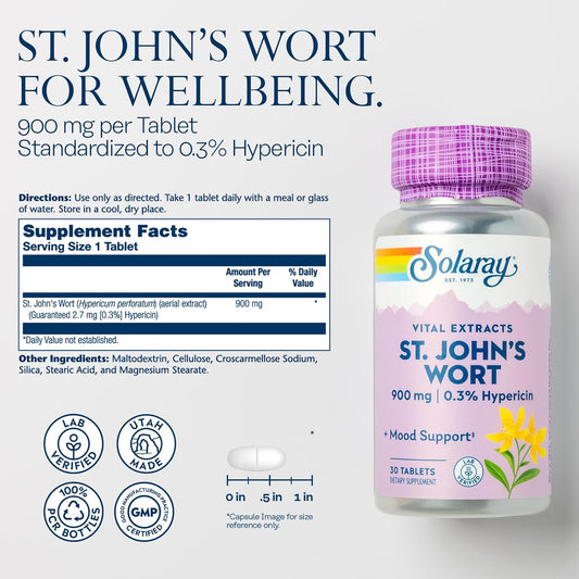 Solaray St John'S Wort 900 Mg, Once Daily Mood Support Supplement, Standardized To 0.3% Hypericin For Brain Health Support And A Balanced Mood, 60-Day Money Back Guarantee | 30 Servings | 30 Tablets