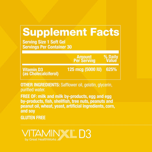 Omegaxl Vitaminxl D3 High Potency Daily Vitamin D 5000 Iu 125Mcg Immune Support Supplement - Promotes Healthy Muscle Function & Strong Bones - Non-Gmo, Gluten-Free - 30 Softgels