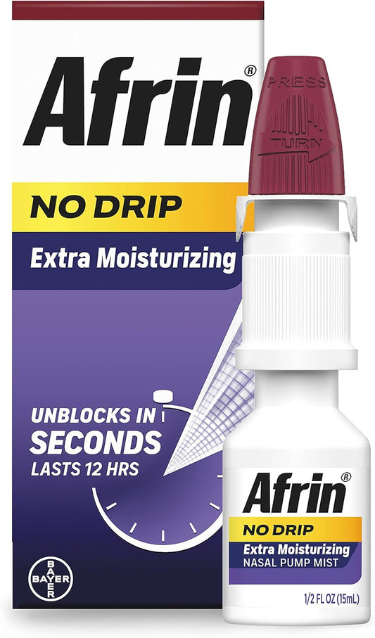 Afrin No Drip Extra Moisturizing 12 Hour Nasal Congestion Relief Pump Mist, Sinus Spray Decongestant - 15 Ml