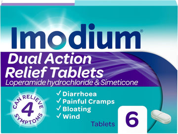 Imodium Dual Action, Relief From Diarrhoea Plus Painful Cramping Bloating Wind, Blue, 6 Tablets (Pack Of 1)
