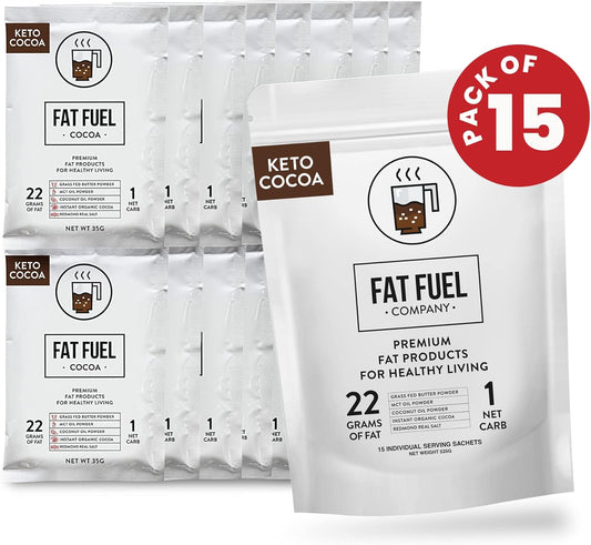 Fat Fuel Keto Cocoa 22G Premium Fats - With Grass Fed Butter, Mct Oil, Coconut & Redmond Real Salt - Instant Organic Cocoa, One Net Carb, A True Meal Replacement - 15 Servings