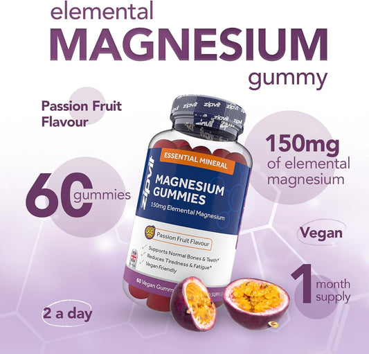 Zipvit Magnesium Gummies For Adults, 150Mg Elemental Magnesium Citrate, Supports Energy, Muscle & Bone Health, Passionfruit Flavour, 60 Vegan Gummies, 1 Month Supply