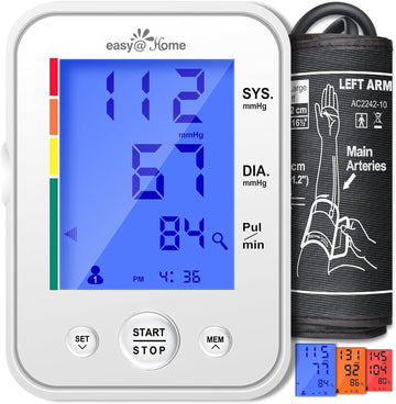 Blood Pressure Monitor For Home Use: Easy@Home Upper Arm Large Cuff Bp Machine - Automatic Digital With 3-Color Backlit Hypertension Display And Pulse Meter Irregular Heartbeat Indicator Ebp-095L