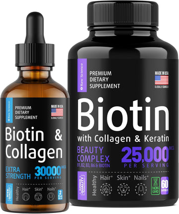 S Raw Science Vitamins For Healthy Hair, Skin And Nails - Biotin & Collagen & Keratin Capsules 25000Mcg 60Pcs And Biotin & Collagen Drops 30000Mcg 2Oz