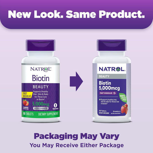 Natrol Beauty Biotin 5000Mcg, Dietary Supplement For Healthy Hair, Skin, Nails And Energy Metabolism, 90 Strawberry-Flavored Fast Dissolve Tablets, 90 Day Supply