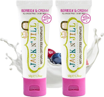 Jack N' Jill Natural Certified Toothpaste - Baby & Toddler Toothpaste, Fluoride-Free, 40% Xylitol, Sugar-Free, Safe For 6 Months And Up, Makes Tooth Brushing Fun, Berries And Cream Flavour, 2 X 50G