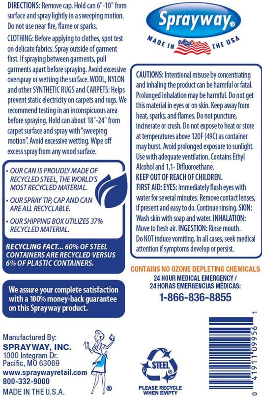 Sprayway Sw956R Residue-Free Anti-Static Spray, Reduce Static Cling, Eliminate Static Shock, 6 Oz