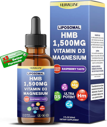 Liposomal Hmb 1500Mg, Vitamin D3, Magnesium Liquid Drops – Ultra Potent, Raspberry Taste, Usa Made & Lab Tested – 2 Fl Oz (60Ml)