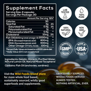 Wild Foods Fish Oil Omega 3 Supplements | 1600 Mg | Highly-Potent: Dpa, Dha, Epa | Burpless, Odorless, Non-Gmo, Gluten Free | For Brain & Heart Health, Joint Support | 60 Capsules (1 Pk) | 30 Servings