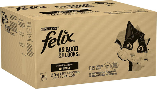 Felix As Good As It Looks Adult Wet Cat Food Mixed In Jelly Beef, Cod, Tuna And Chicken 80 X 100G Pouches