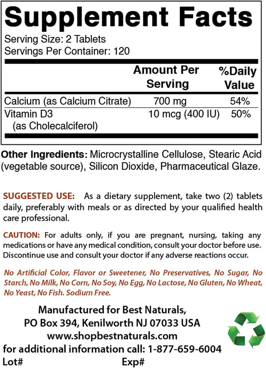 Best Naturals Calcium Citrate with Vitamin D-3 240 Tablets (240 Count (Pack of 1))