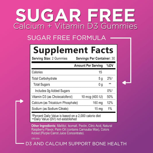 Calcium Supplements For Women + 400 Iu Vitamin D3 - Sugar-Free Calcium Chews Gummy For Bone & Immune Support, Supports Teeth & Bone Strength, Chewable Calcium Supplement For Women & Men - 60 Gummies
