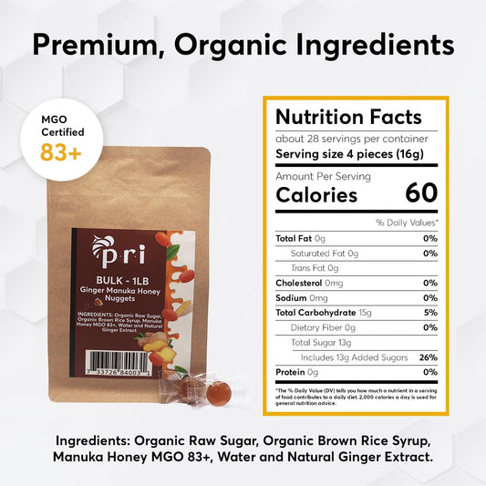 P.R.I Manuka Honey & Ginger Nuggets, Sweet And All Natural Hard Candy Treat, 1Lb
