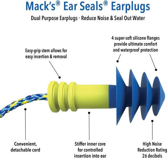 Macks Ear Seals Earplugs, 1 Pair With Detachable Cord - 26Db High Nrr - Dual Purpose Comfortable Ear Plugs For Noise Reduction And Blocking Water