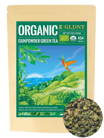 Gldnt Organic Gunpowder Green Tea, Premium Organic Loose Leaf Green Tea, Robust & Smooth Taste, 16Oz