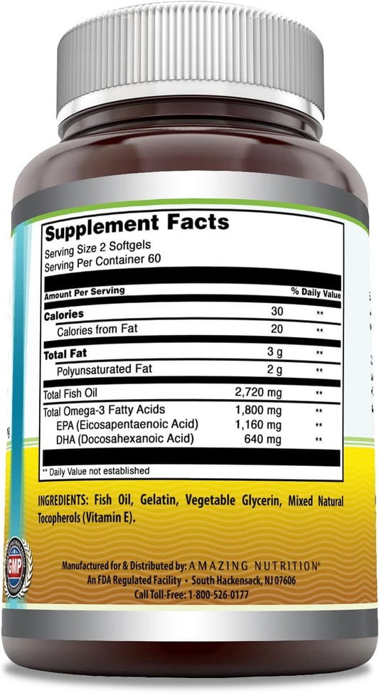 Amazing Omega Triple Strength Fish Oil (Omega-3, Epa/Dha) Supplement | 1360 Mg Per Serving | 120 Softgels | Non-Gmo | Gluten-Free | Made In Usa
