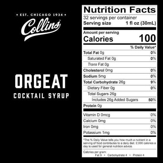 Collins Orgeat Syrup, Orgeat Simple Syrup, Real Sugar Cocktail Syrups, Soda Water Flavors, Cocktail Mixers, 32 Ounces, Set Of 1