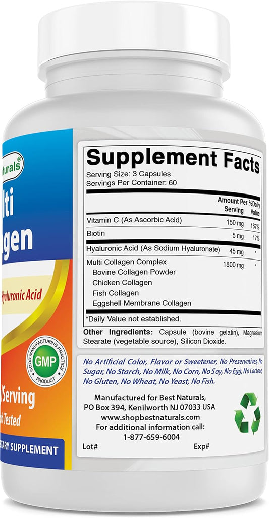 Best Naturals Multi Collagen Pills 2000Mg For Women & Men - Hydrolyzed Collagen Peptides Capsules For Hair Skin And Nails With Types I Ii Iii V X, Biotin, Hyaluronic Acid & Vitamin C