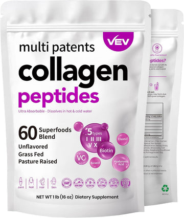 Vev Multi Collagen Peptides Powder, 1 Lb β Type I, Ii, Iii, V, X, Hydrolyzed Collagen, Biotin, Hyaluronic Acid, Vitamin C, Supports Skin & Joints, Unflavored, Easy To Dissolve (Packaging May Vary)