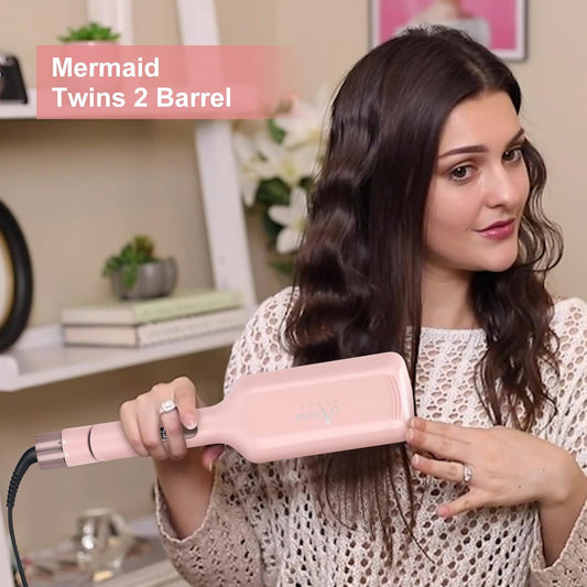 32Mm (1.25") Aima Beauty Twins Mermaid Shallow Hair Waver, Anti-Scald Hair Crimper 2 Barrel, Beach Wave Curling Iron, Curling Wand With Storage Lock 15S Heats Up Medium Short/Long Hair Prussian Blue