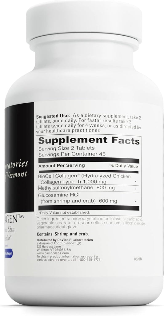 Davinci Labs Natures Collagen - Biocell Collagen Supplement With Msm & Glucosamine - Helps To Support Joint Health, Skin Health & Connective Tissues - Gluten-Free - 90 Tablets