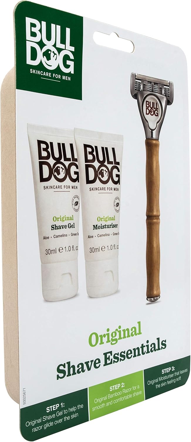 BULLDOG Skincare - Original Shave Essentials Starter Kit for Men (x1 Original Bamboo Razor, x1 Shave Gel 30ml, x1 Moisturiser 30ml) : Amazon.co.uk: Beauty